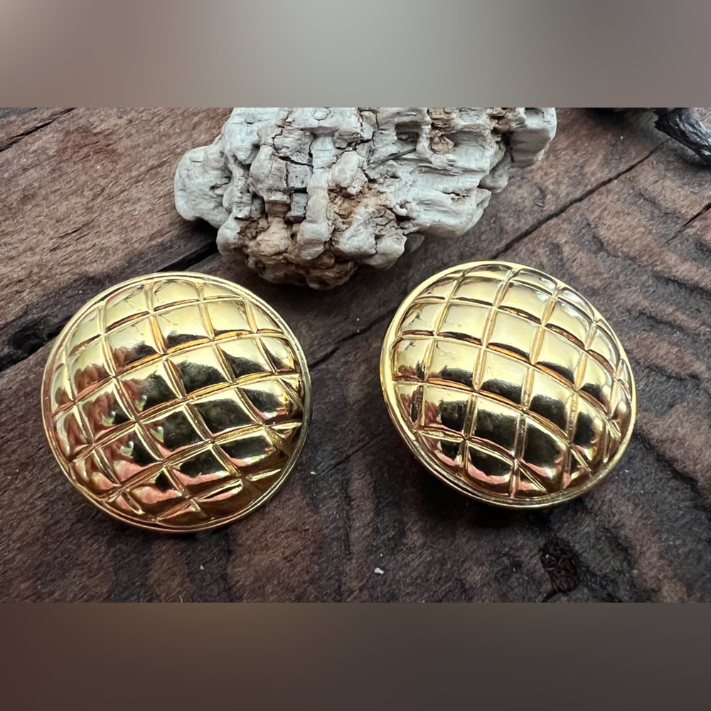 MONET Gold Tone Earrings Round Statement Quilted Luxury Costume Clip Ons